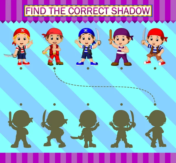 Encontre a sombra correta. Desenhos animados piratas personagens — Vetor de Stock