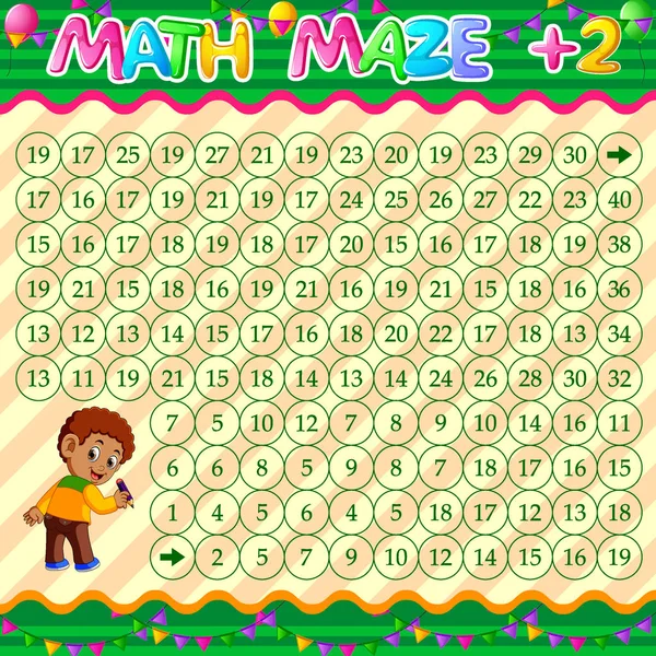 Matematické bludiště sčítání list s chlapeckým znakem drží tužku pozadí — Stockový vektor