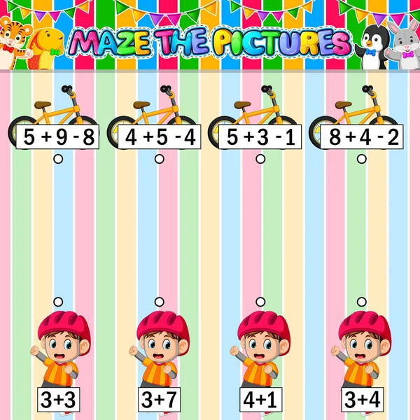 Worksheet with exercises for children on addition and subtraction. Solve counting and connecting to each result — ストックベクタ