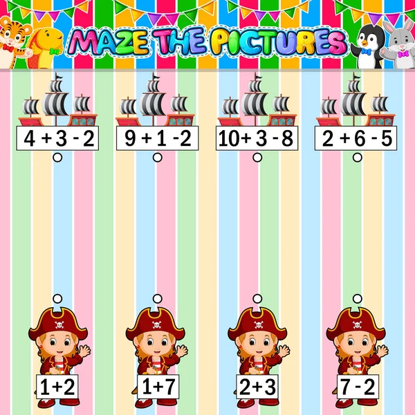 Worksheet with exercises for children on addition and subtraction. Solve counting and connecting to each result — ストックベクタ