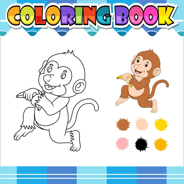 Omalovánky kniha opice držení banán karikatura — Stockový vektor