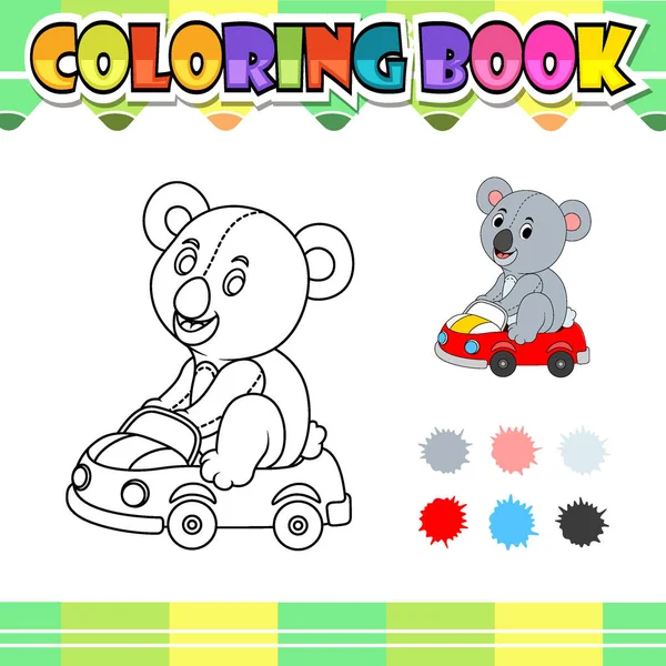 Coloring book koala riding car cartoon — ストックベクタ