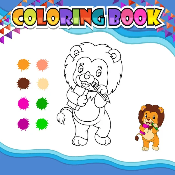 Coloring book lion holding pencil and book — ストックベクタ