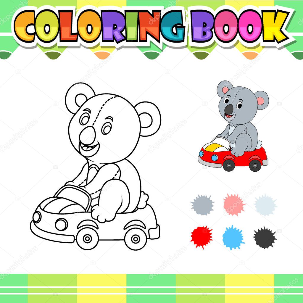 Coloring book koala riding car cartoon