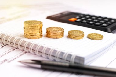 Para sayma konsepti. Not defterinde ve mali raporda paralar, kalemler, hesap makineleri yakın plan.