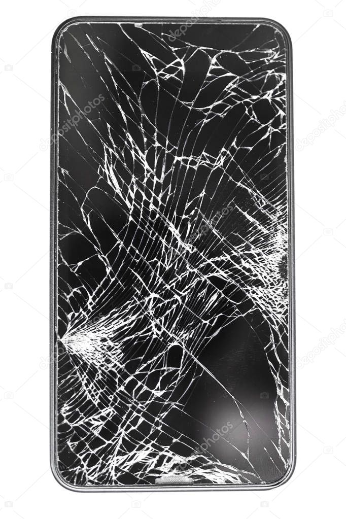 Broken glass screen mobile phone in black on white isolated back