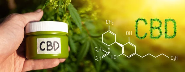 Kenevir 'deki Cbd elementleri. Cannabidiol formülünün kenevir kremi.
