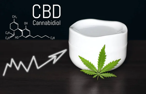 Bank of medical cream with CBD oil, hemp leaf. Jar with hemp lotion on dark background with the formula CBD cannabidiol