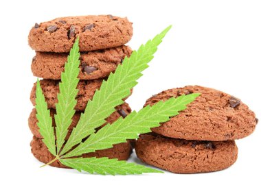 Cooking Cannabis CBD Cannabidiol with Hemp Herb. Cookies with cannabis leaf macro. Medical marijuana for use in food. Medicinal Edibles. Full Legalization in Uruguay and Canada clipart