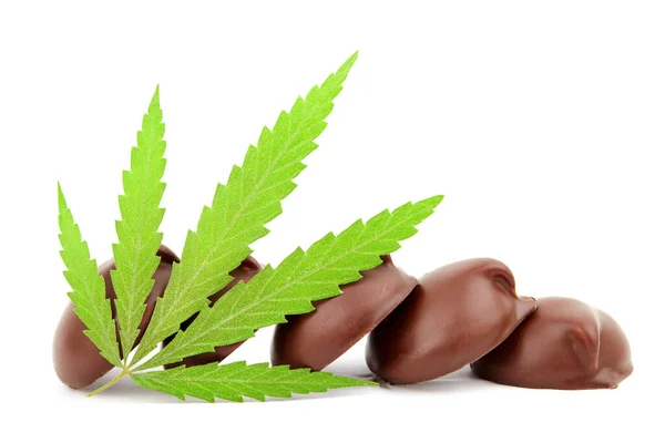 Dulces Caramelos Cannabis Que Contienen Cbd Cannabidiol Hojas Marihuana Verde — Foto de Stock