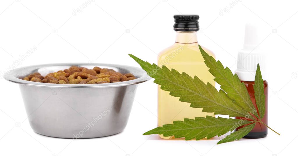Food CBD pet, vitamins with CBD oil, cannabis of animal feed.  Green hemp products isolated white background. Cannabidiol oil is used as a dietary supplement