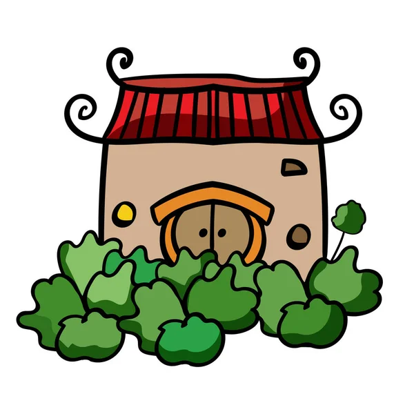 Ασιατική αρχιτεκτονική Κόκκινο κινέζικο, Σπίτι με κήπο. - Διάνυσμα. Εικονογράφηση διανύσματος — Διανυσματικό Αρχείο