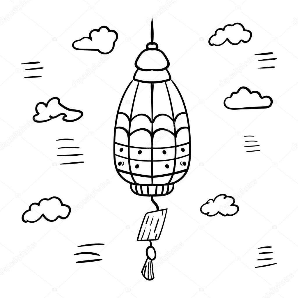 Chinese bell, dream fulfillment, Oriental style. Cozy Home. Doodle illustration. Coloring page, Coloring book. Contour. - Vector. Vector illustration