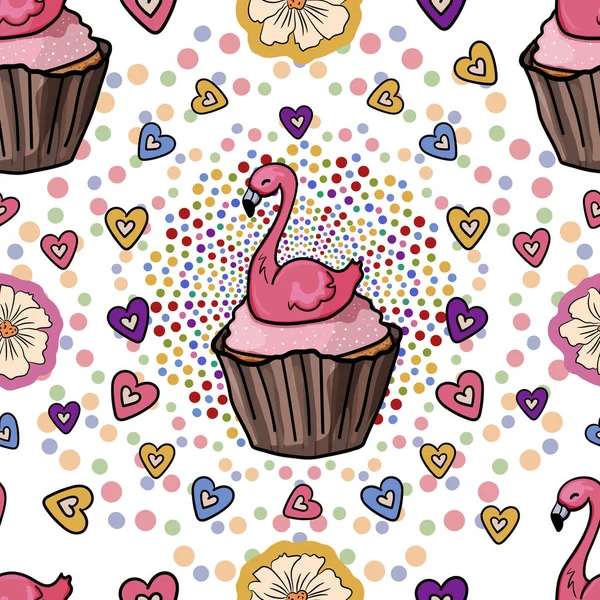 Påsk cupcake Flamingo med för barn och vuxna. Sömlöst mönster. Bakning med inredning för semestern. Bageri - Vector. Vektorillustration — Stock vektor