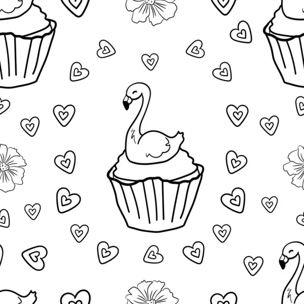 Bolo de Páscoa Flamingo com para crianças e adultos. Padrão sem costura. Desenho para colorir adulto e crianças. Cozinhar com decoração para o feriado. Pastelaria - Vector. Ilustração vetorial — Vetor de Stock