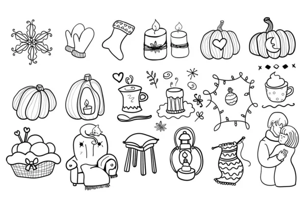 Collection, set vector Couple in love. Gentle hugs. Coloring page adult. Attachment. Romance, comfort. Man and woman love each other. Cozy. Hygge - Vector. Vector illustration — ストックベクタ