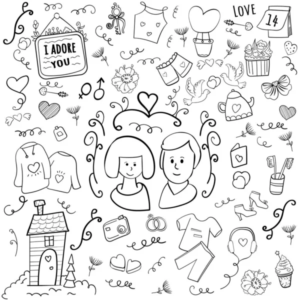 Feliz Dia dos Namorados. 14 de fevereiro doodle. Corações e Amor. Casal casado. Desenhos animados vetor Doodle ilustração — Vetor de Stock