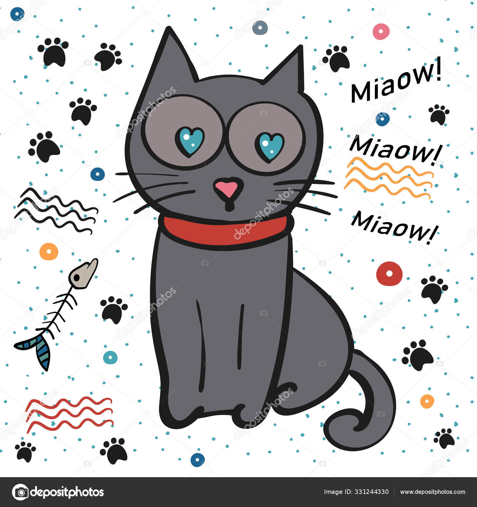 Кошка С Червями В Глазах. Векторная Иллюстрация, Изолированная.