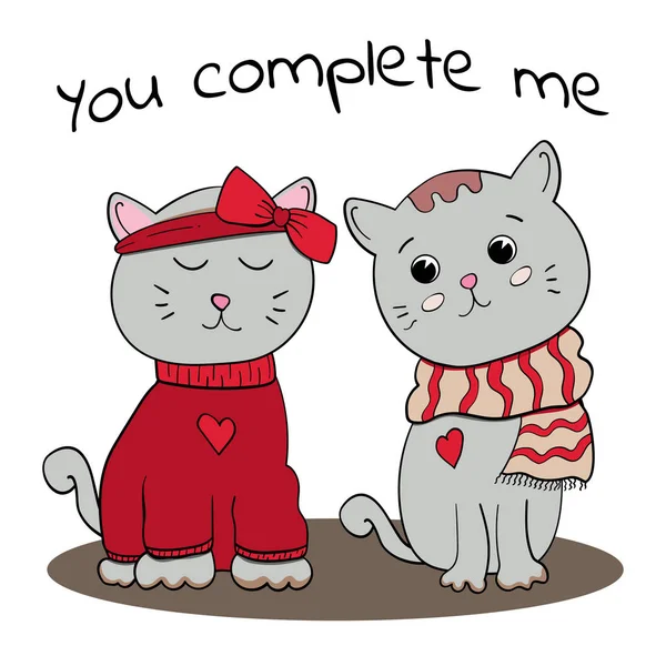 Kézzel rajzolt Aranyos Macskák Miau felirat szöveg és piros szív. Vektornyomtatás. — Stock Vector