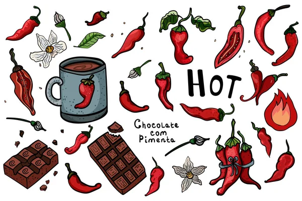 Packung roter Chilischote. vereinzelte Doodles setzen. Vegetarische Küche. botanische Illustration von Chilipfeffer. - Vektor — Stockvektor