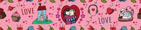 Doux couple marié. Joyeuse Saint Valentin. 14 février doodle. Coeurs et Amour. Couple marié. Illustration vectorielle de dessin animé Doodle — Image vectorielle