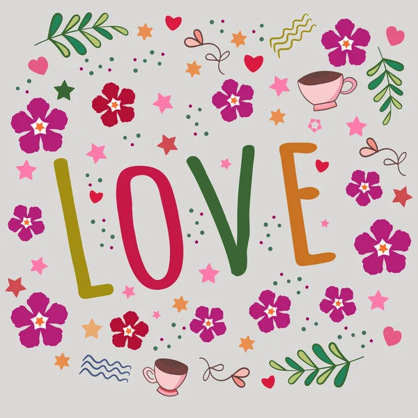 Diseño de letras Love for Valentine 's Day. Ilustración de garabatos vectoriales — Archivo Imágenes Vectoriales