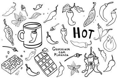 Pack Red hot chili pepper. Set Isolated doodles. Coloring page, Coloring book. Contour. Botanical illustration of chili pepper. - Vector