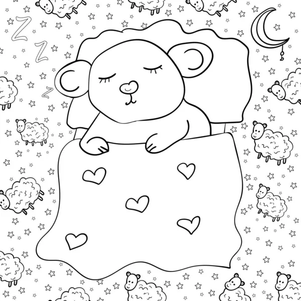 The Mouse or Rat is sleeping, Doodle, Sheep Pattern. Birthday, Valentine's Day, Baby shower. Coloring page adult and kids, woman coloring book. Black and white. — Stock Vector