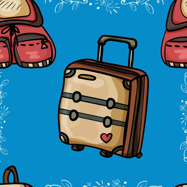Personal accessories for travel and tourism. Backgrounds with luggage. Vector doodle style illustration.