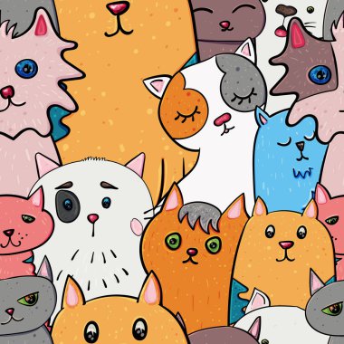 Kedilerde pürüzsüz desen farklı cinstendir. Kusursuz doku arkaplanlarında vektör karalama çizimi