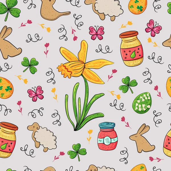 Veselá Velikonoční Vektorová Ilustrace Hladkém Pozadí Textury Velká Sbírka Doodle — Stockový vektor