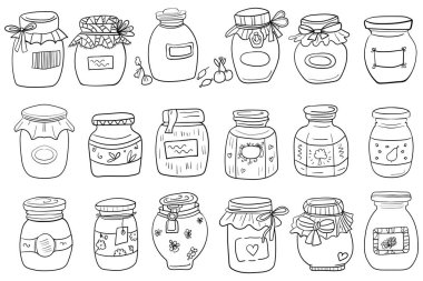Jar Big Set. Boyama sayfası ya da kitap. Yetişkin ve çocukları boyama sayfası, kadın boyama kitabı. Siyah ve beyaz. Jar 'ın içi. İskandinav tarzı, evde rahatlık. Hygge. - Vektör. Vektör illüstrasyonu