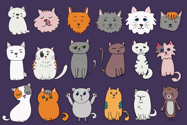 Kreslená Kočka Nastavena Různé Kočky Pózy Emoce Vektorové Doodle Ilustrace — Stockový vektor
