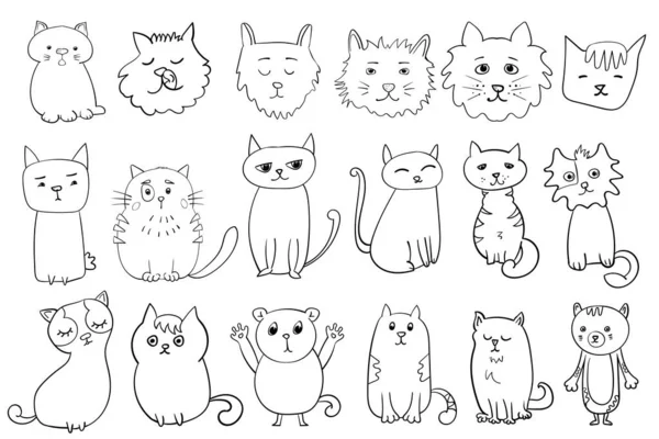Černá Barva Obrys Zbarvení Stránka Dospělý Cartoon Cat Set Různé — Stockový vektor