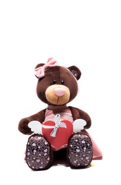 Beyaz arka plan üzerinde bir kalp elinde oyuncak ayı