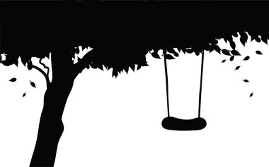 Beyaz arkaplanda izole edilmiş salıncaklı vektör ağaç silueti