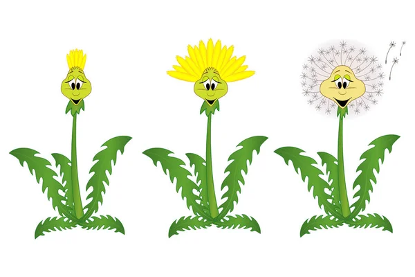 Cartoon smiling dandelions set — Stock Vector