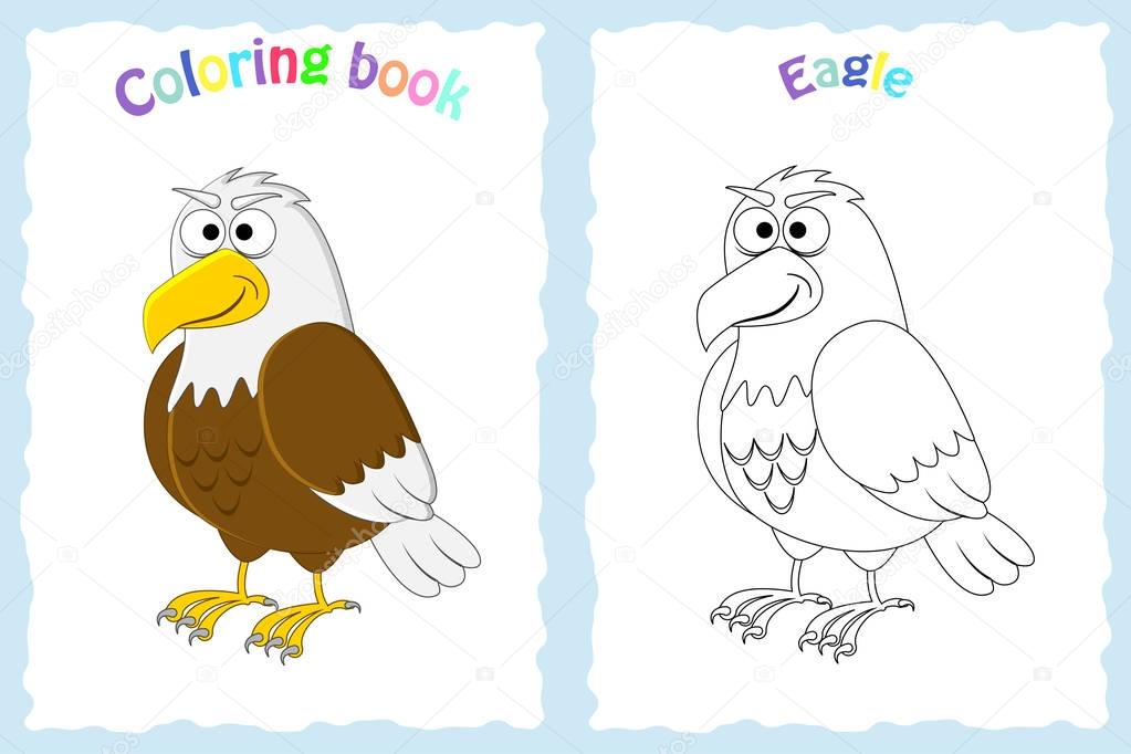 Coloring book page for preschool children with colorful  eagle  