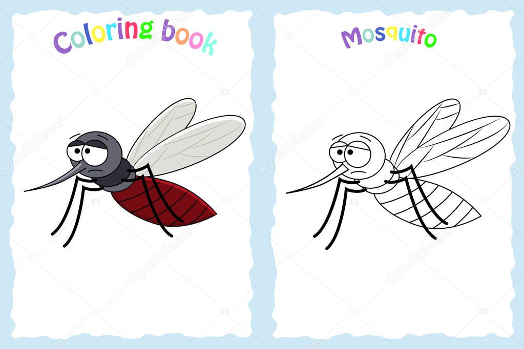 Coloring book page for preschool children with colorful mosquito