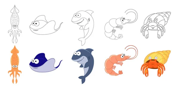 Dibujos animados conjunto de animales marinos. Dibujos para colorear para niños. Calamares, st — Vector de stock