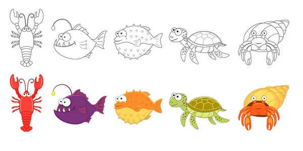 Rajzfilm tengeri állatok készlet. Coloring-book oldalak gyerekeknek. — Stock Vector