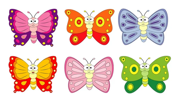 Ensemble de 6 papillons de dessin animé. Illustration vectorielle — Image vectorielle