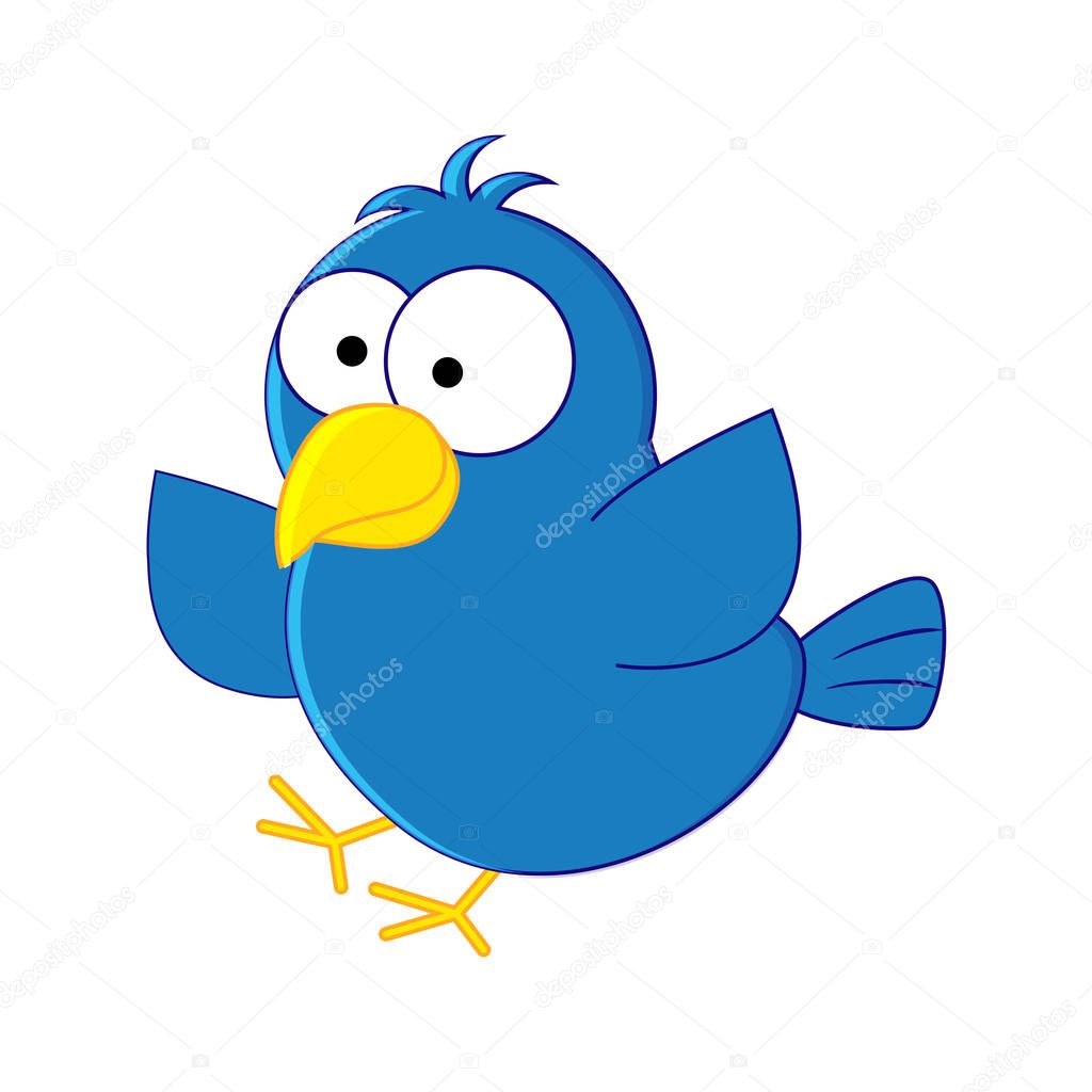 Funny cartoon blue bird. Vector illustration isolated on white b