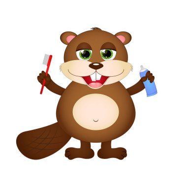 Sevimli çizgi beaver ile diş fırçası ve diş macunu elinde. VEC