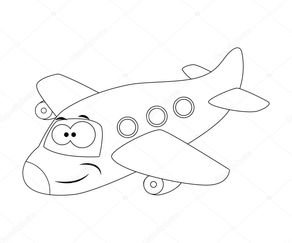 Colorless  funny cartoon airplane. Vector illustration. Coloring