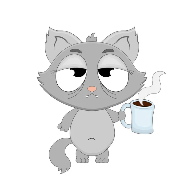 Kreskówka senny kot z filiżanką kawy w rękach. Il wektor — Wektor stockowy