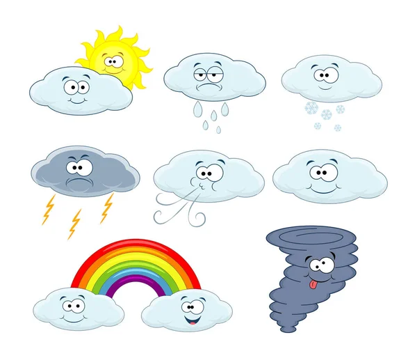 Carino cartone animato icone nuvole vettoriali. Collezione di simboli meteo. Noi... — Vettoriale Stock