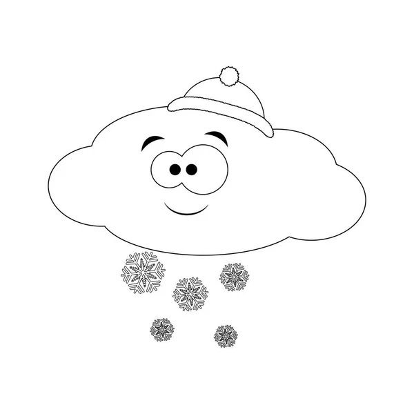Nube de dibujos animados divertidos incoloros en sombrero con nieve. Ilustración vectorial — Vector de stock