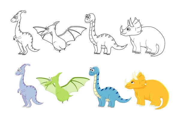 Dinossauros de desenhos animados definidos. Colorir páginas de livros para crianças. Vector doente — Vetor de Stock