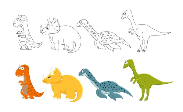 Juego de dinosaurios de dibujos animados. Dibujos para colorear para niños. Vector enfermo — Vector de stock